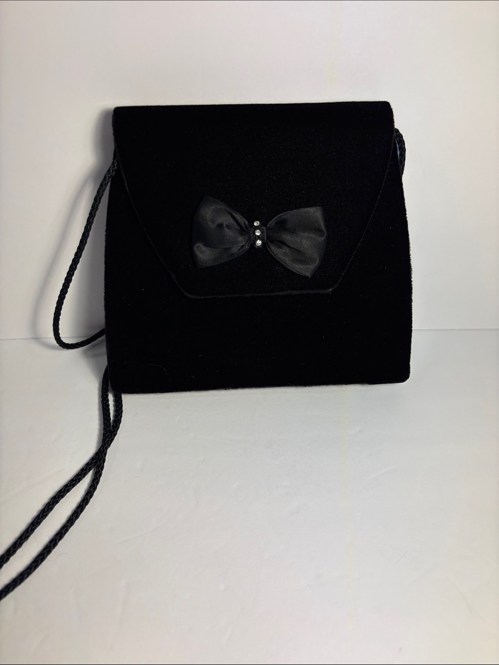 Vintage Black Velvet Evening Clutch Bag Satin Bow Rhinestone Accent Cross